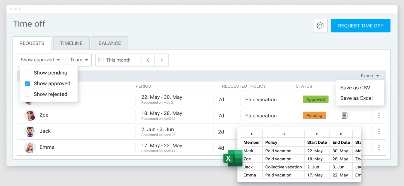 Export time off in CSV and Excel