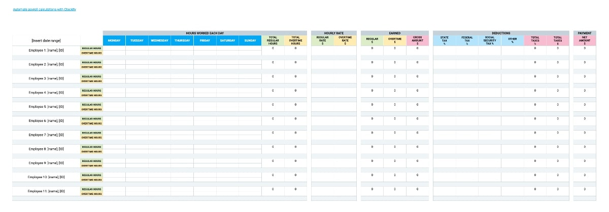 Weekly Payroll Template with overtime