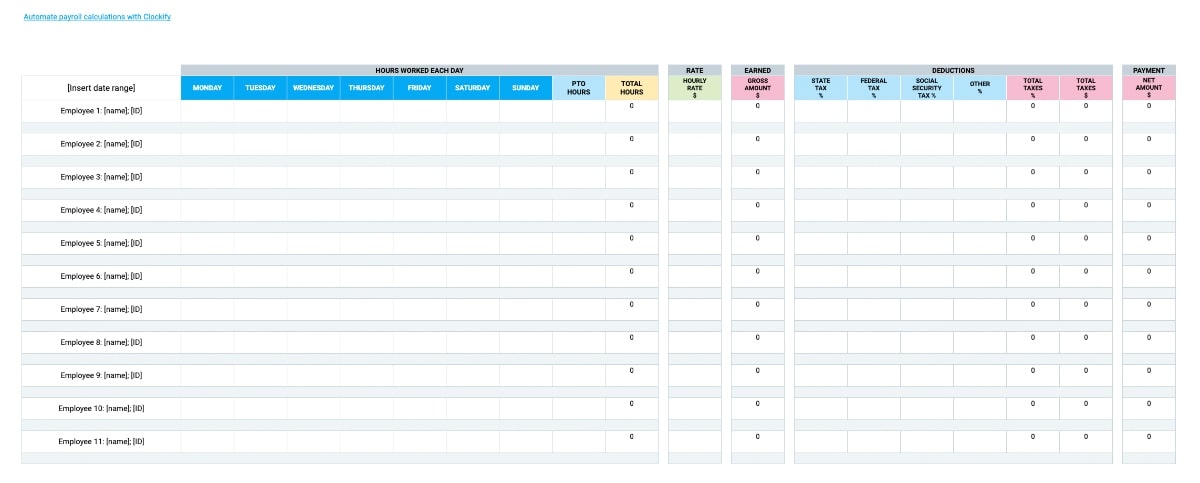 Weekly Payroll Template with PTO