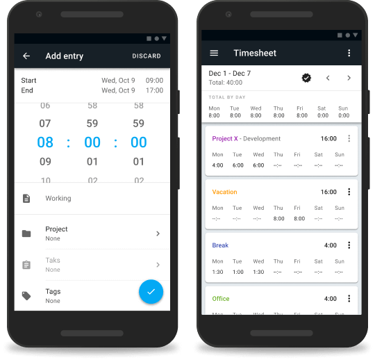 Capture d'écran de l'appli Android de suivi du temps ajout manuel du temps et feuille de temps.