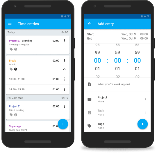 Capture d'écran du minuteur de l'appli Android de suivi du temps