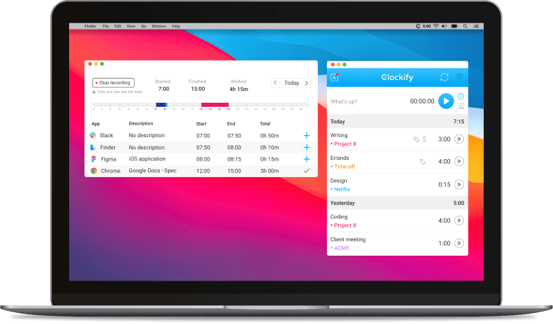 Capture d'écran de l'appli gratuite de suivi du temps pour Mac