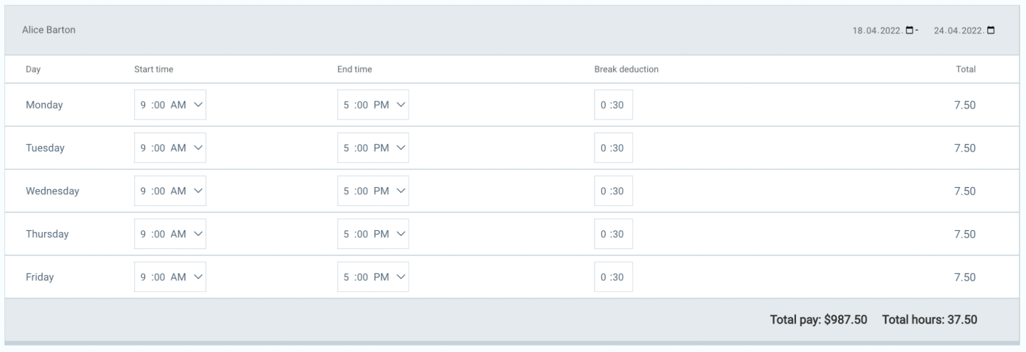 Calculate pay with a time card calculator