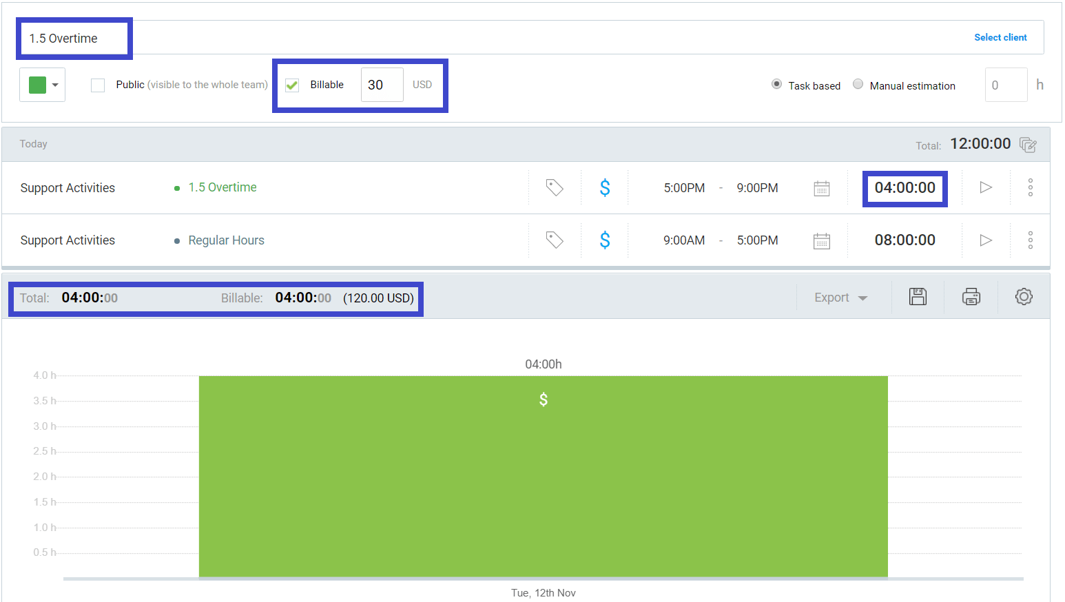 Double overtime project rate in Clockify