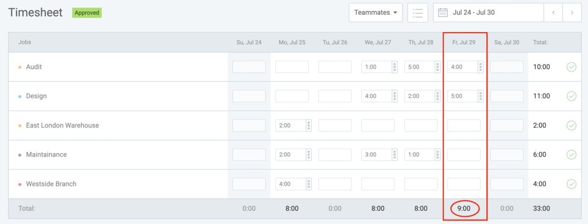 Checking team members' overtime in timesheets