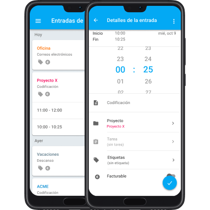 Aplicación de rastreo de tiempo móvil Clockify para Android y iOS.