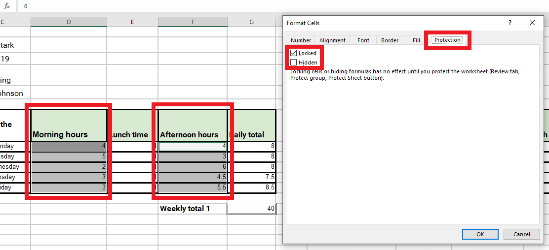 unlocking cells in the Format cells window