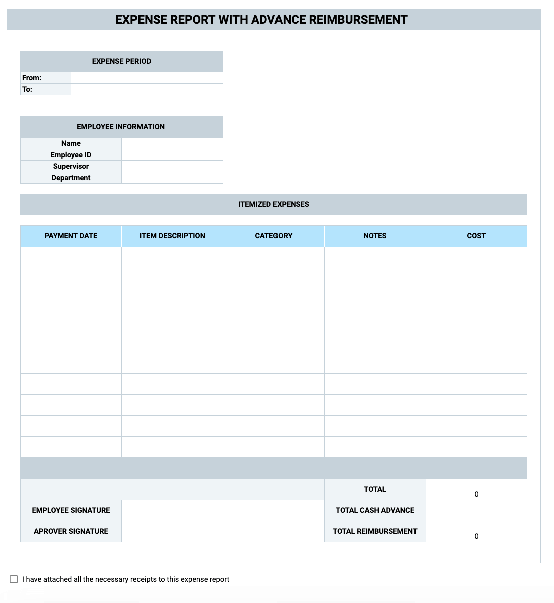 Preview of the Expense Report with Advance Reimbursement Template