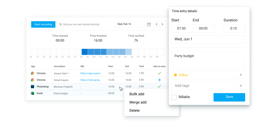 Conversion des activités enregistrées en saisies de temps dans Clockify