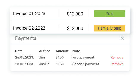 Partially paid invoices and recorded payments