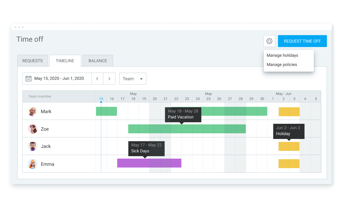 Fonction de congé dans Clockify (capture d'écran)