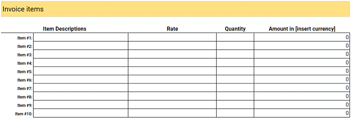 invoice templates invoice items