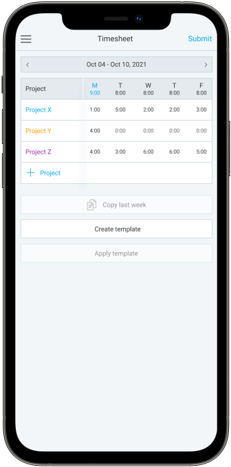 iPhone time tracking app screenshot of timesheet mode