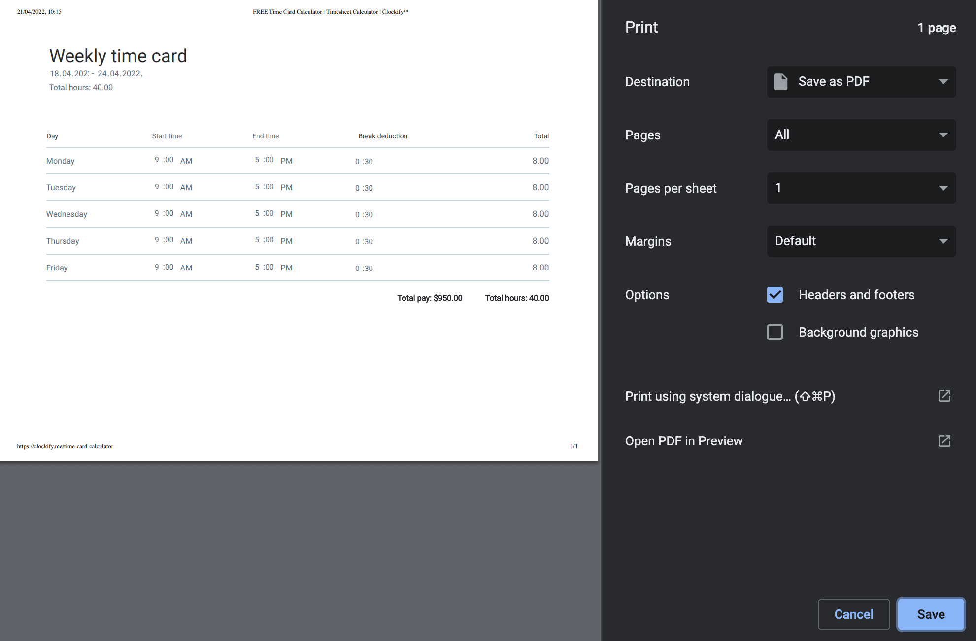 Print/download the data from the time card calculator