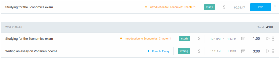 Projects, Tasks, Tags for tracking time spent on studies