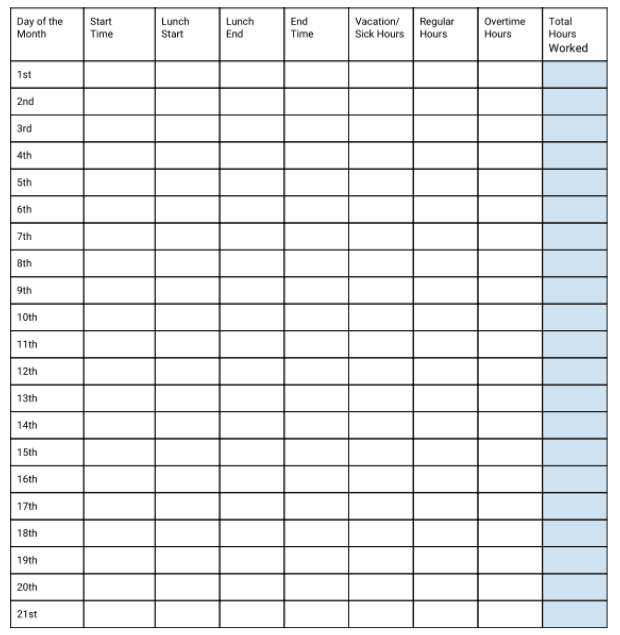 Preview of monthly timesheet template