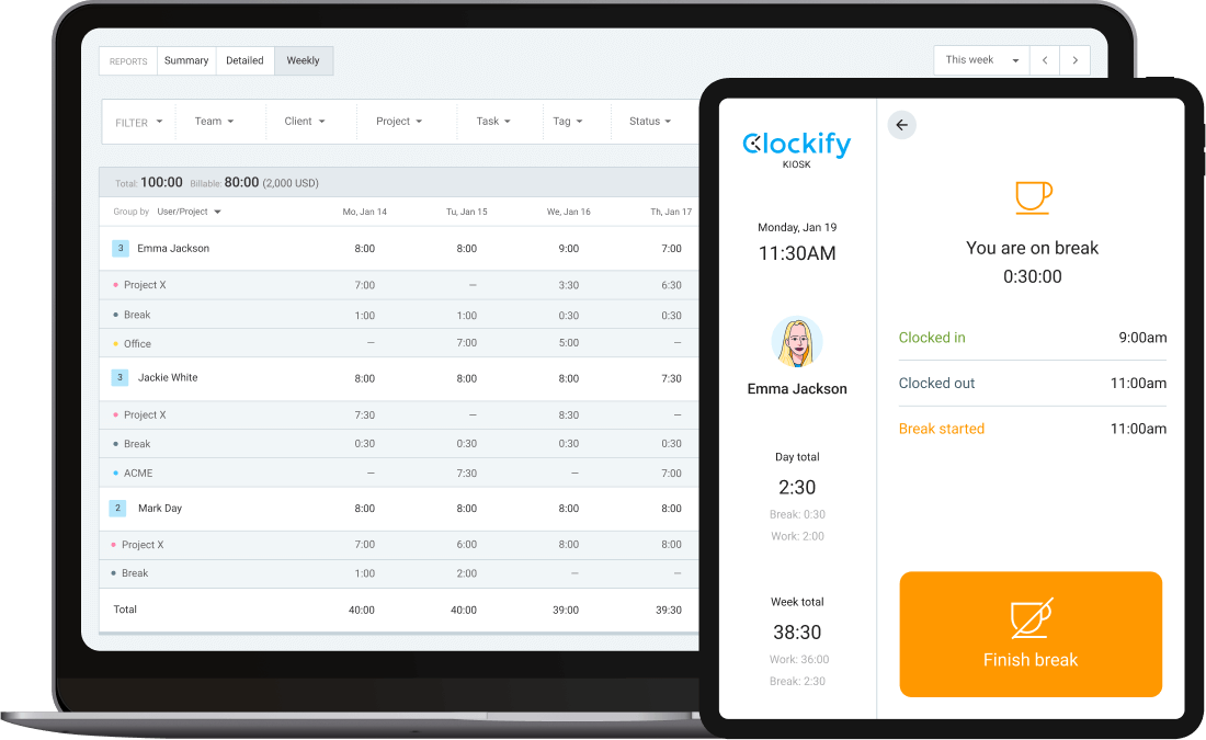 Aplicativo relógio de ponto Quiosque - Captura de tela Clockify