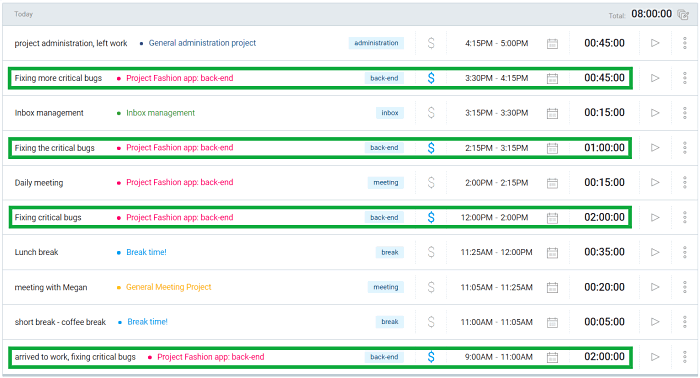 time tracking results for a day - fixed