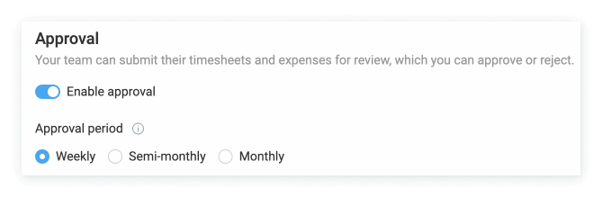 Timesheet approval period in Clockify (weekly, semi-monthly, or monthly).