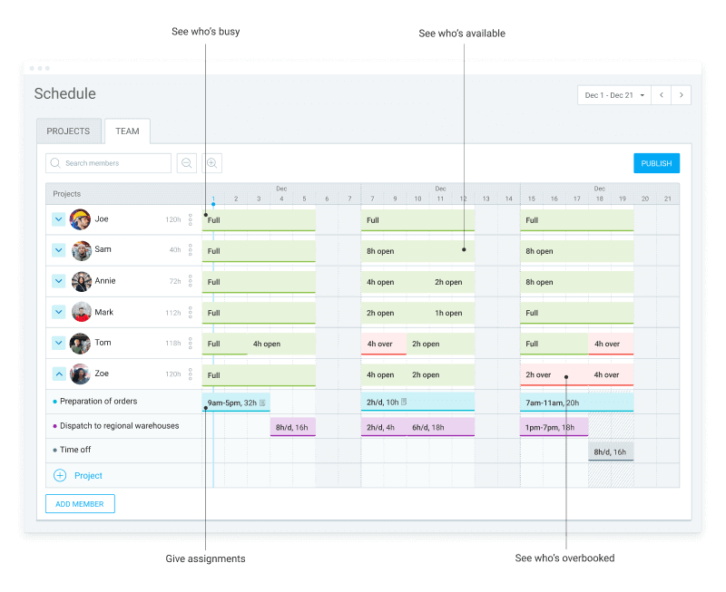 Team scheduling feature in Clockify (screenshot)