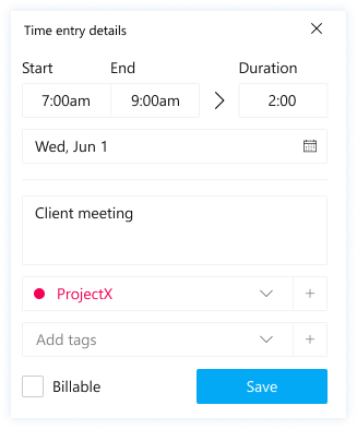 Windows time tracking app screenshot of editing details