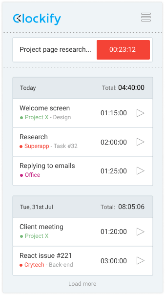 Linux time tracking app screenshot of timer