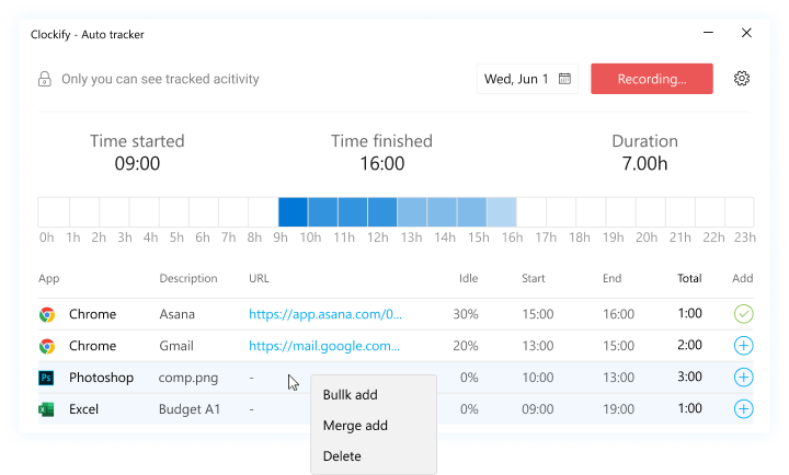 Windows time tracking app screenshot of auto tracker