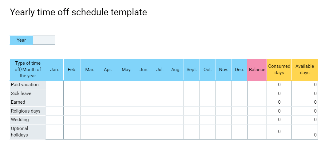 Yearly Time Off Schedule